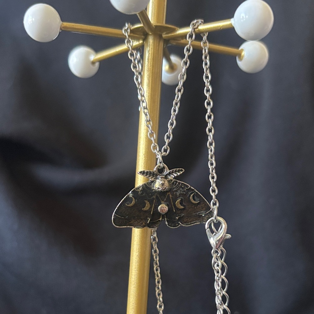 Silver Moth Pendant Necklace - Moon Accent